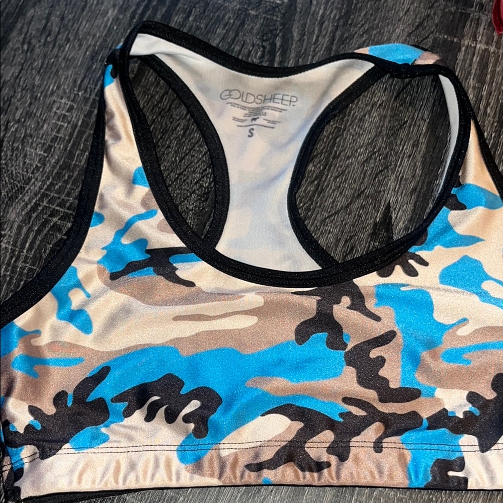 Goldsheep Blue and Tan Camouflage Sports Bra